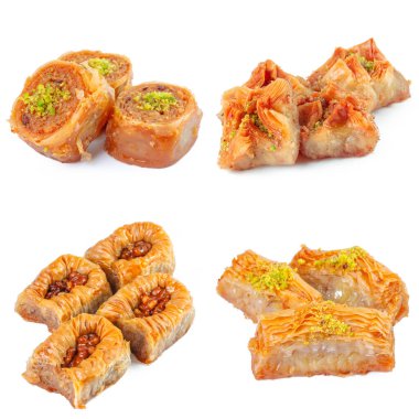 Lezzetli doğu tatlıları kolajı beyaza izole edilmiş.