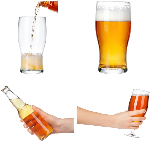 Különböző típusú, fehér üvegben és üvegben tárolt sör — Stock Fotó