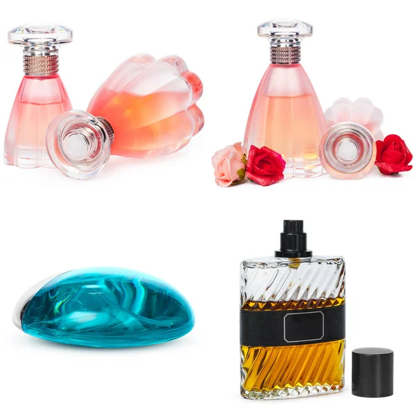 Collage de perfumes de lujo aislados sobre fondo blanco — Foto de Stock