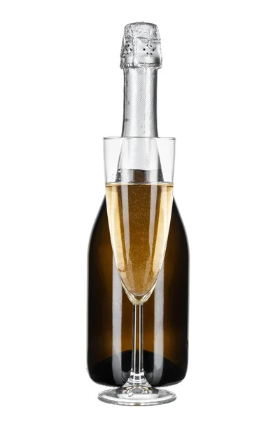 Bottle of champagne isolated on white. Creative photo. — Stock Photo, Image