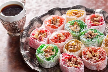 Turkish delight close up top view. creative photo.