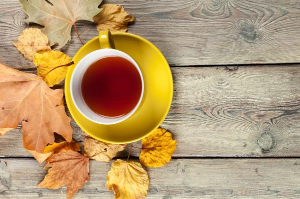 Taza de té y hojas de otoño sobre la mesa —  Fotos de Stock