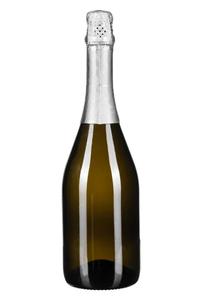 Flasche Champagner isoliert auf weiß. Kreatives Foto. — Stockfoto