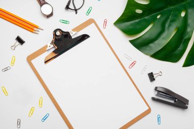 Ofis çalışma alanı modeli, pano, palmiye yaprağı ve aksesuarlar. Düz yatış, üst görünüm