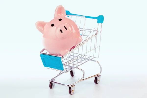 Piggy bank en leeg winkelwagentje geïsoleerd op wit — Stockfoto