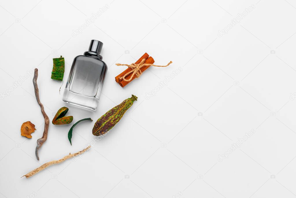Stylish bottle of French perfume. creative photo.