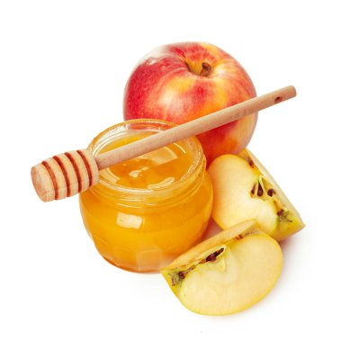 Yahudilerin yeni yıl tatili için beyaz arka planda izole edilmiş elma ve bal kavanozu
