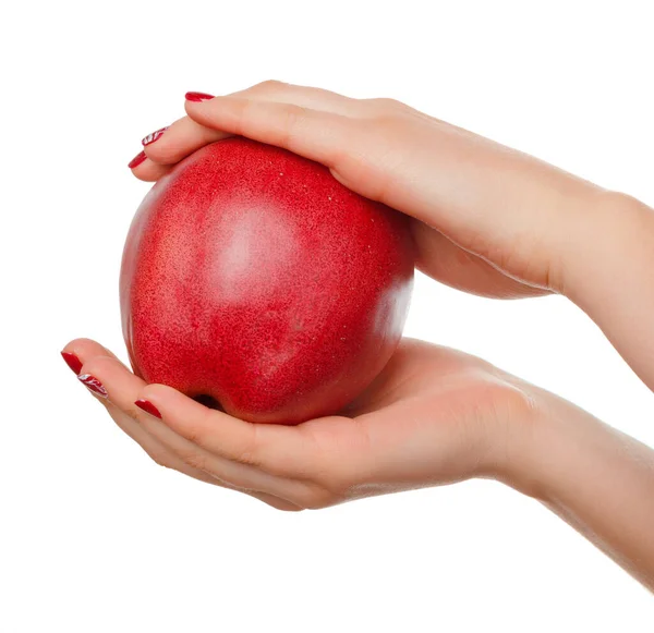 Kadının eli kırmızı elmayı tutuyor. Beyaz bir arkaplanda izole edilmiş. — Stok fotoğraf