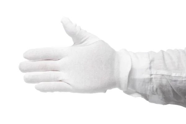 Hand in a white glove isolated on a white background. Gesture eye-catching. Gesticulation — Stock Photo, Image