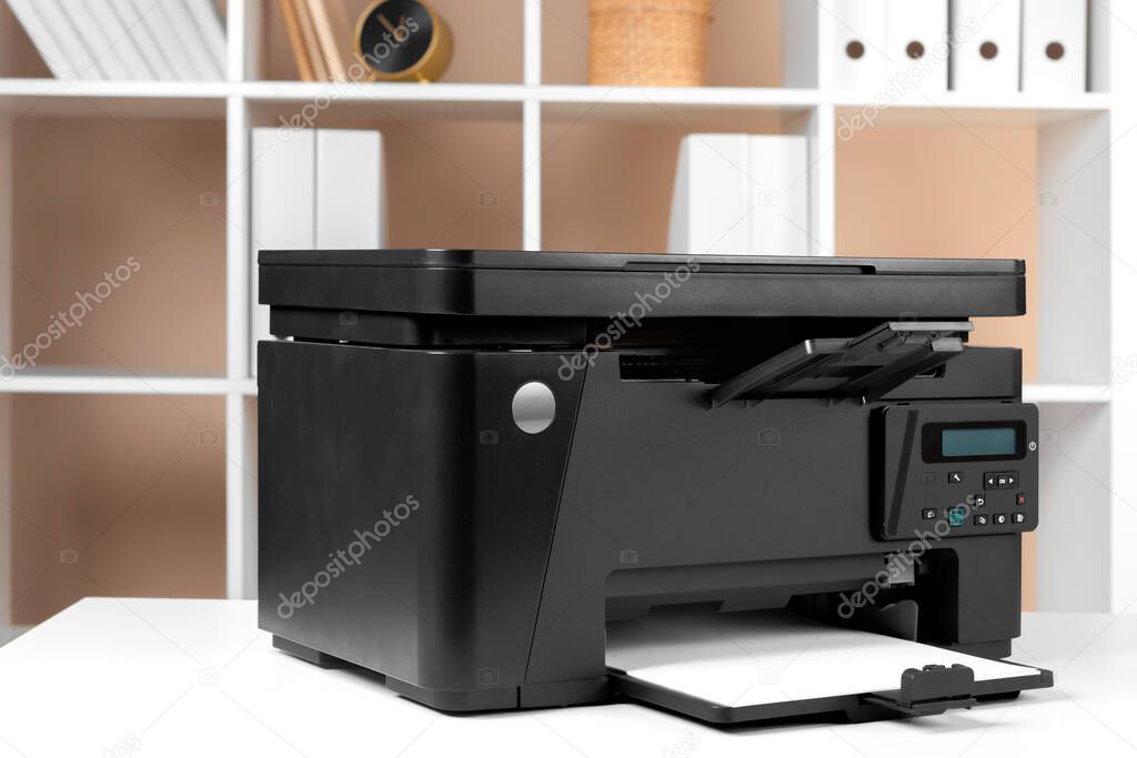 Printer, copier, scanner in office. Workplace. creative photo.