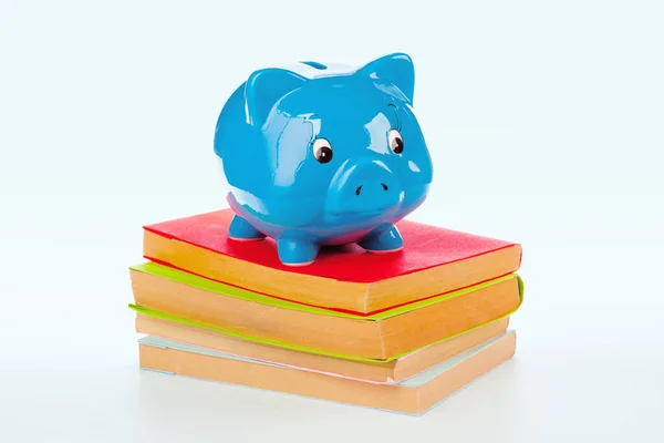 Piggy bank over a stack of colorful books — Stock Photo, Image