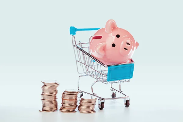 Roze spaarvarken en munten geïsoleerd op wit — Stockfoto