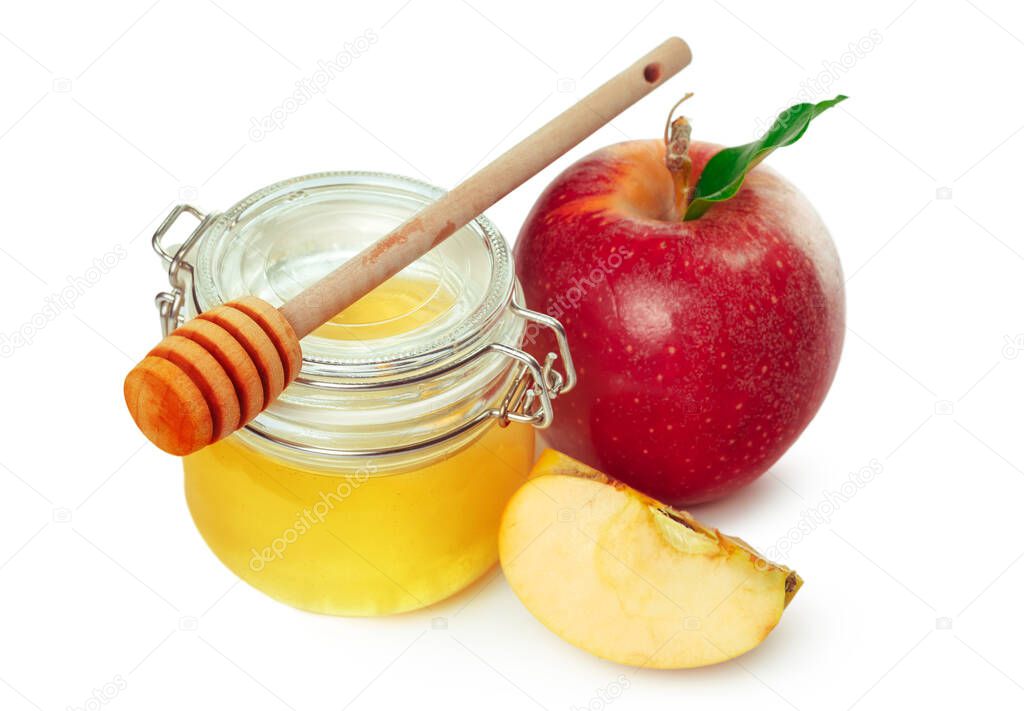Apples and honey jar for jewish new year holiday isolated on white background