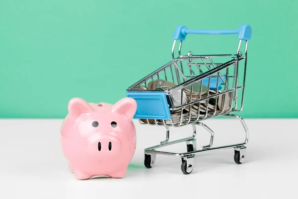 Piggy Bank rosa com carrinho de compras. Fechar . — Fotografia de Stock