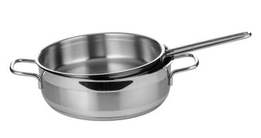 Beyaz arkaplanda izole edilmiş paslanmaz çelik bulaşık takımı