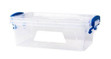 Beyaz arkaplanda izole edilmiş şeffaf plastik kutu