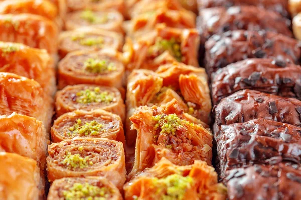 Postre turco Baklava. Foto macro. De cerca. . — Foto de Stock