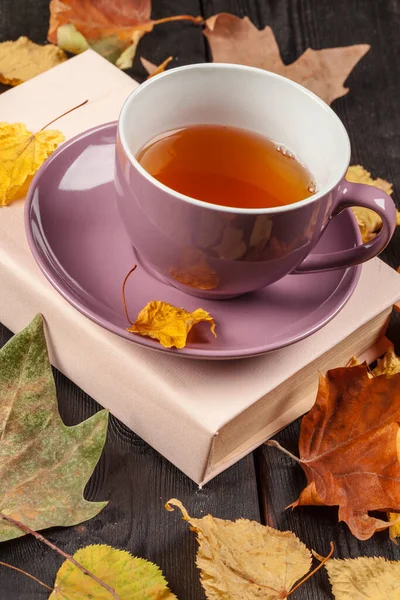 Hojas de otoño, libro y taza de té —  Fotos de Stock