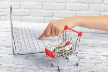 Alışveriş Çevrimiçi Konsept: Mini Alışveriş Arabası ve Laptop