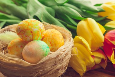 Tahtaların üzerinde paskalya yumurtaları ve laleler.