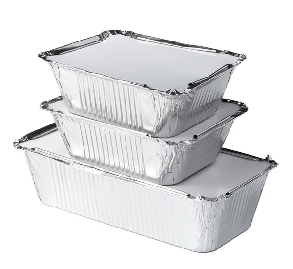Packed foil food boxes on white background, copy space — Stock Photo, Image