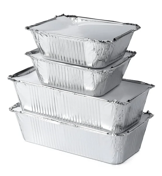 Packed foil food boxes on white background, copy space — Stock Photo, Image