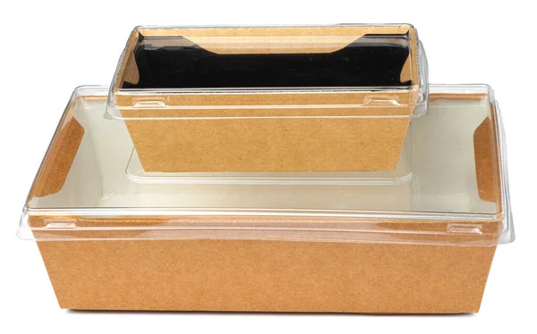 白い背景に透明カバー付きクラフトパッケージフードボックス — ストック写真