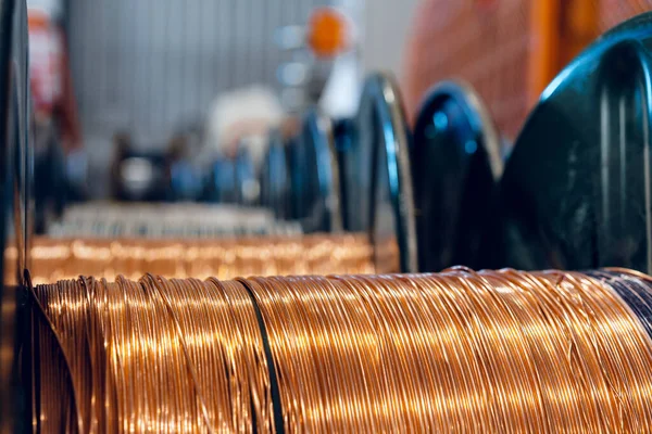 Production of copper wire, cable in reels at factory. Cable factory.