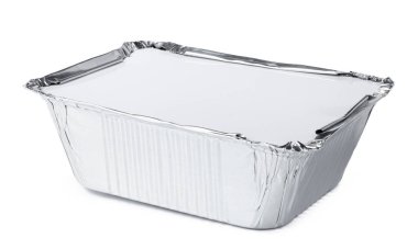 Beyaz arkaplanda paketlenmiş folyo yiyecek kutuları, boşluğu kopyala