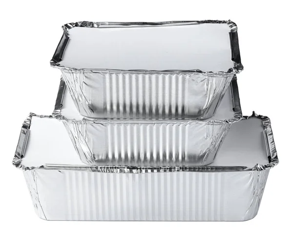 Packed foil food boxes on white background, copy space — Stock Photo, Image