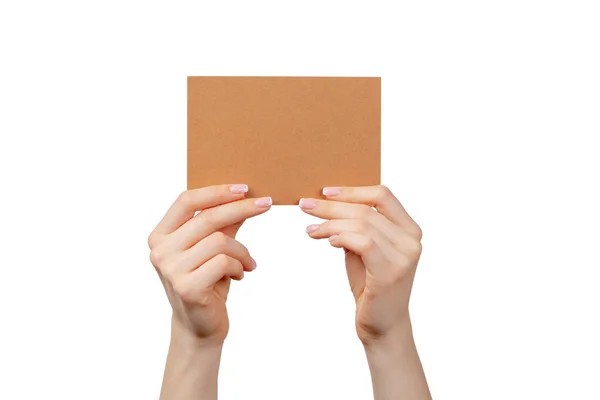 Kvinna hand hålla företag tomt papper kort isolerad på vit bakgrund — Stockfoto