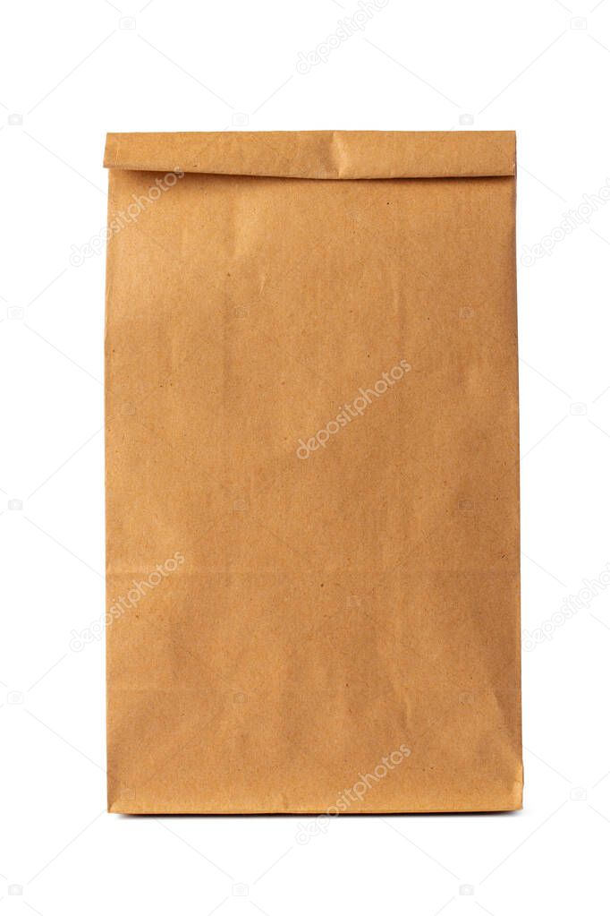 Brown craft paper bag packaging template on white background
