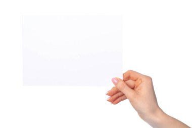 Kadın eli boş beyaz kağıt tutuyordu. Beyaz üzerinde izole edilmiş.