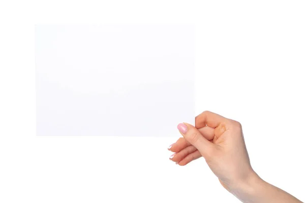 女人手拿空白白纸隔离在白纸上 — 图库照片