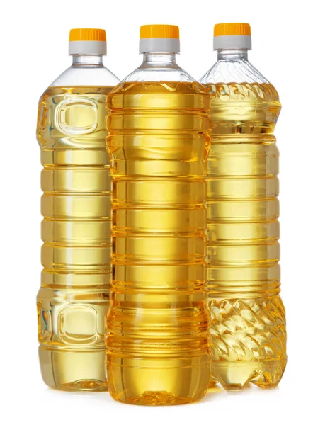 Conjunto de óleo de girassol em garrafa de plástico isolado sobre fundo branco — Fotografia de Stock