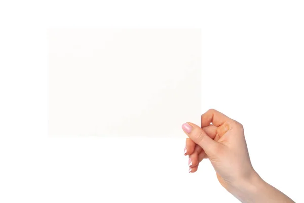 Kvinnors hand håller blankt vitt papper isolerat på vitt — Stockfoto