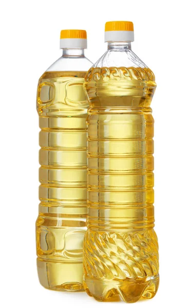 Set van zonnebloemolie in plastic fles geïsoleerd op witte achtergrond — Stockfoto