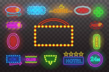 Neon işareti ışığında gece şeffaf arka plan vektör çizim ayarla, izole parlak parlayan elektrik reklam ışıklı afiş grafik tasarım veya simgeler için
