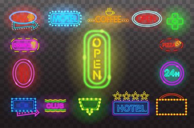 Neon işareti ışığında gece şeffaf arka plan vektör çizim ayarla, izole parlak parlayan elektrik reklam ışıklı afiş grafik tasarım veya simgeler için