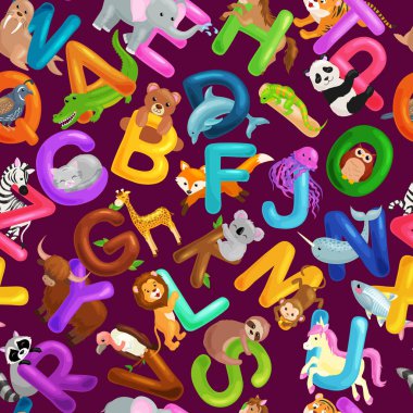 Dikişsiz desen hayvanlar alfabe abc eğitim okul öncesi çocuklar için.