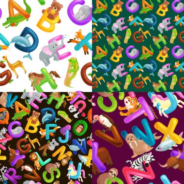 Dikişsiz desen hayvanlar alfabe abc eğitim okul öncesi çocuklar için.