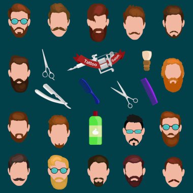 Erkekler karikatür saç sakal ve bıyık kümesi. Koleksiyonu şık şık. Vektör illüstrasyon izole hipsters beyaz bir arka plan üzerinde.