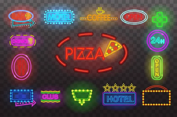 Zestaw neon znak światła w nocy przezroczyste tło wektor ilustracja, na białym tle elektryczna świecące jasne reklama podświetlana baner dla projektowania graficznego lub ikony — Wektor stockowy