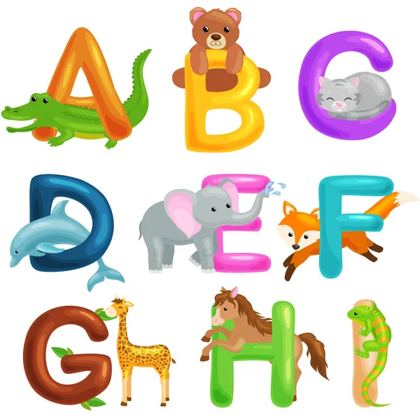 Niedliche Zeichentricktiere Alphabet für Kinder Bildung. Vektorillustrationen — Stockvektor