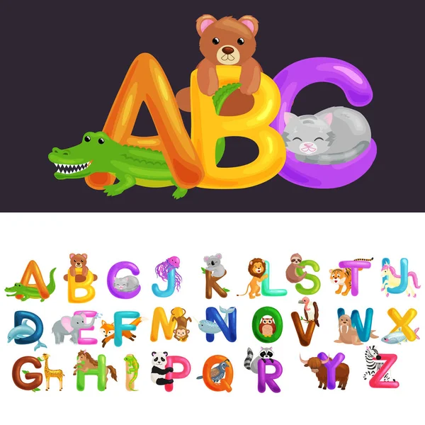 Abc lettere animali per la scuola o scuola materna bambini alfabeto istruzione isolato — Vettoriale Stock