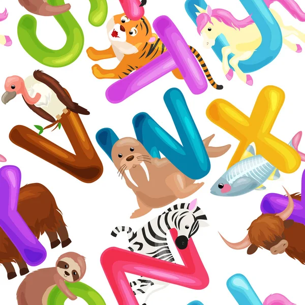 Nahtlose Muster Tiere Alphabet für Kinder abc Bildung in der Vorschule. — Stockvektor