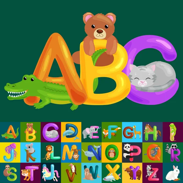 Abc lettres animales pour l'école ou la maternelle enfants alphabet éducation isolé — Image vectorielle