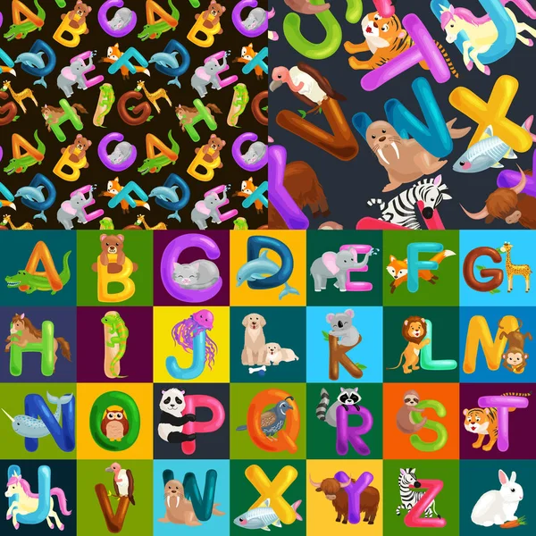 Alphabet animal sans couture pour enfants abc éducation préscolaire . — Image vectorielle