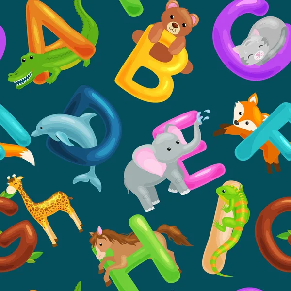 Set von Tieren Alphabet für Kinder Fische Buchstaben, Cartoon Spaß abc Bildung in der Vorschule, niedliche Kinder Zoo Sammlung Englisch lernen, nahtlose Muster Vektor Illustration — Stockvektor