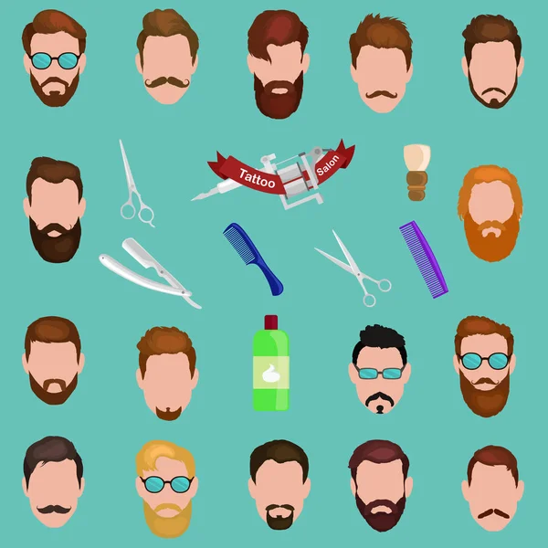 Conjunto de hombres peinados de dibujos animados con barba y bigote. Colección de moda con estilo. Ilustración vectorial hipsters aislados sobre un fondo blanco . — Archivo Imágenes Vectoriales